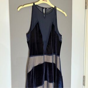 Velvet & Chiffon Midi Navy Blue and Tan Dress. Size Medium. Foxiedox Dante.
